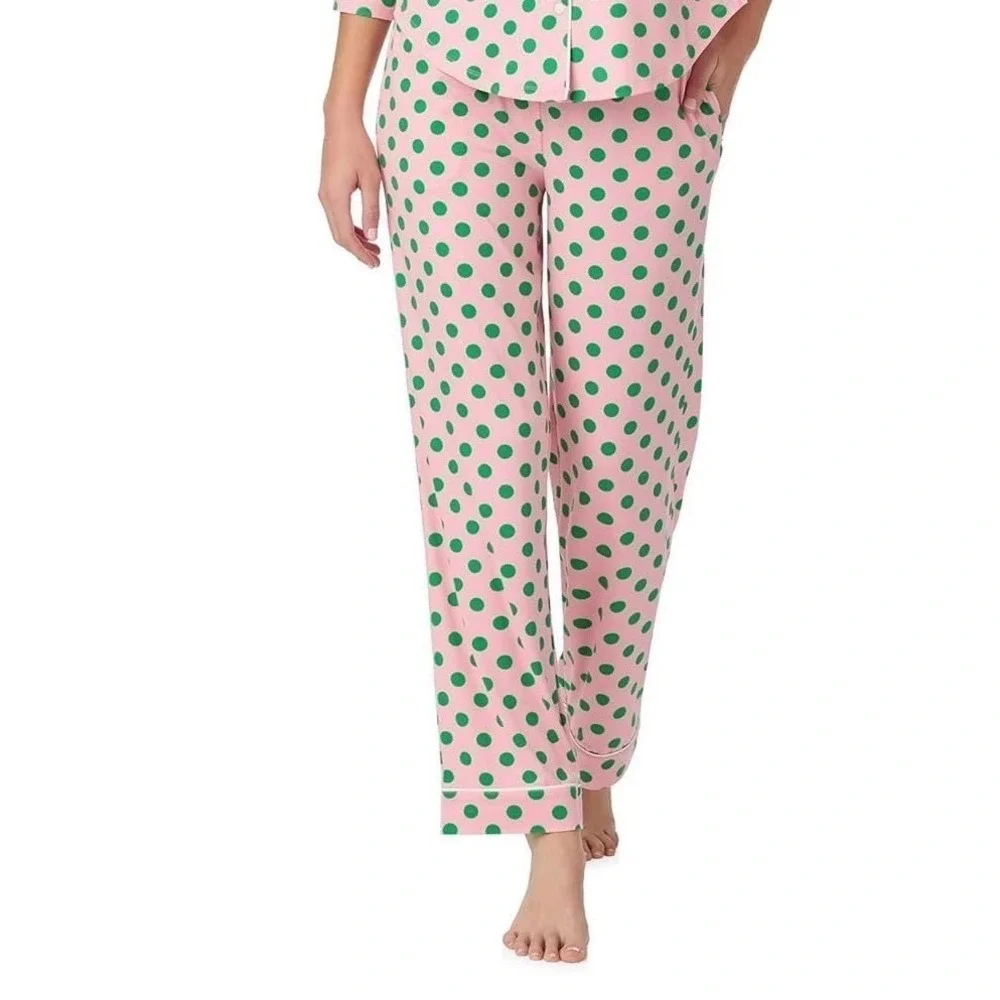 KATE SPADE New York Jersey Pajama Pants, Pink with Green Polka Dots, Size XL